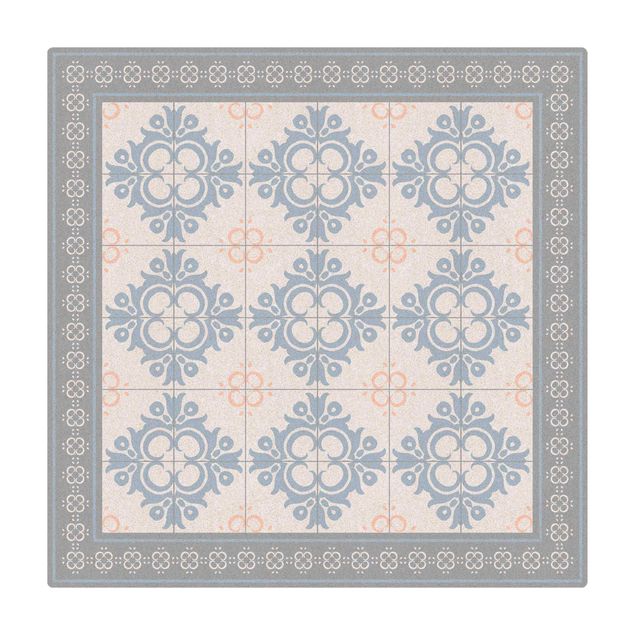 Kork-Teppich - Florale Fliesen Orange Blaue Knospen mit Bordüre - Quadrat 1:1
