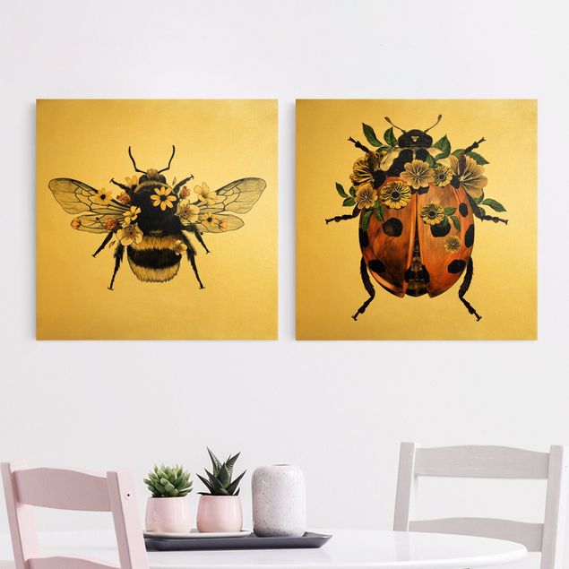 Canvastavlor blommor  Floral Illustration - Bumblebee And Ladybug