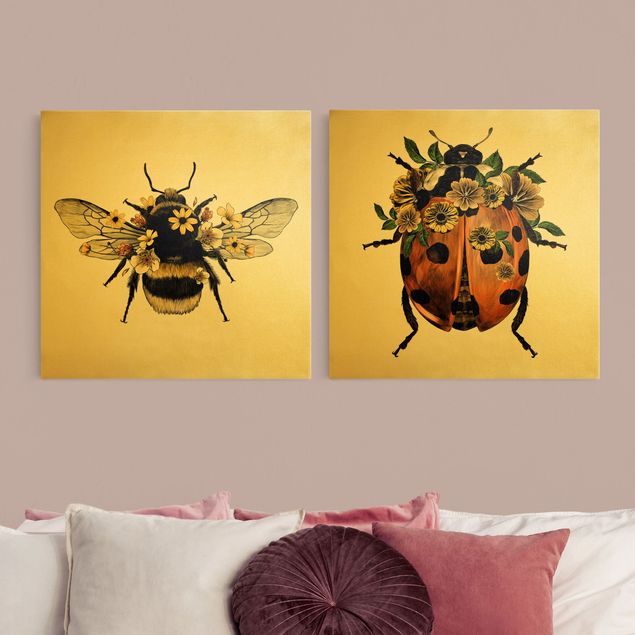 Tavlor gul Floral Illustration - Bumblebee And Ladybug