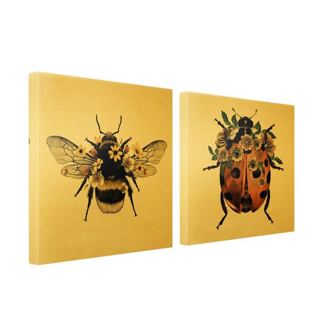 Canvastavlor Floral Illustration - Bumblebee And Ladybug