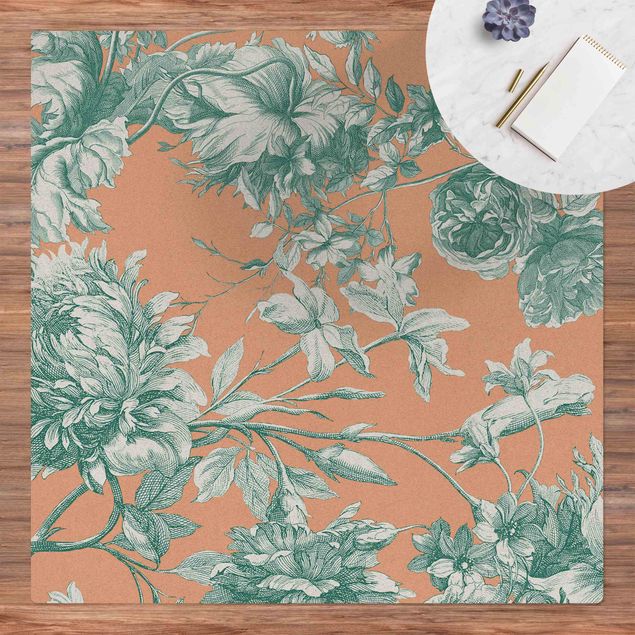 långa mattor Floral Copper Engraving Mesh Turquoise