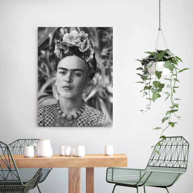 Glastavlor svart och vitt Frida Kahlo Photograph Portrait With Flower Crown