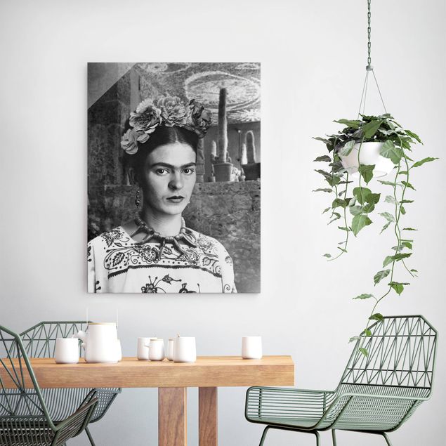Glastavlor svart och vitt Frida Kahlo Photograph Portrait With Cacti