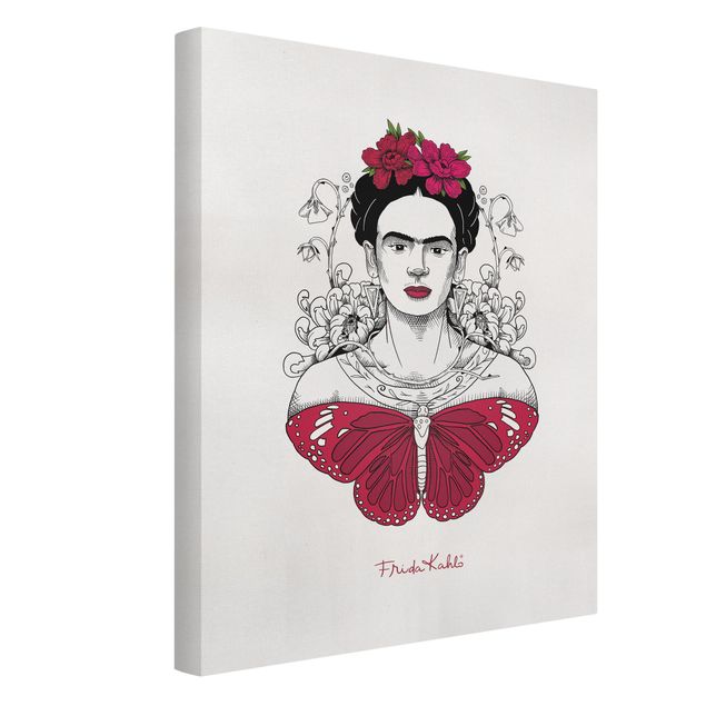 Canvastavlor konstutskrifter Frida Kahlo Portrait With Flowers And Butterflies