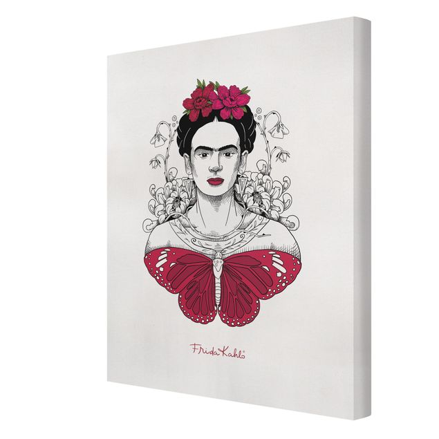 Canvastavlor djur Frida Kahlo Portrait With Flowers And Butterflies