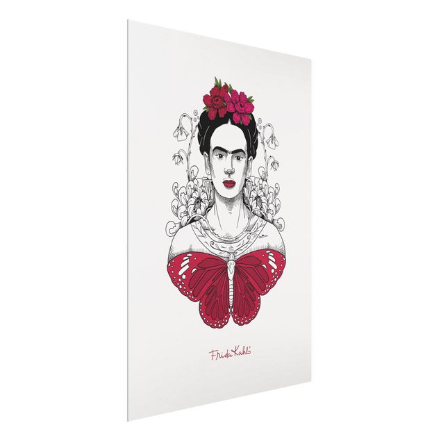 Tavlor konstutskrifter Frida Kahlo Portrait With Flowers And Butterflies