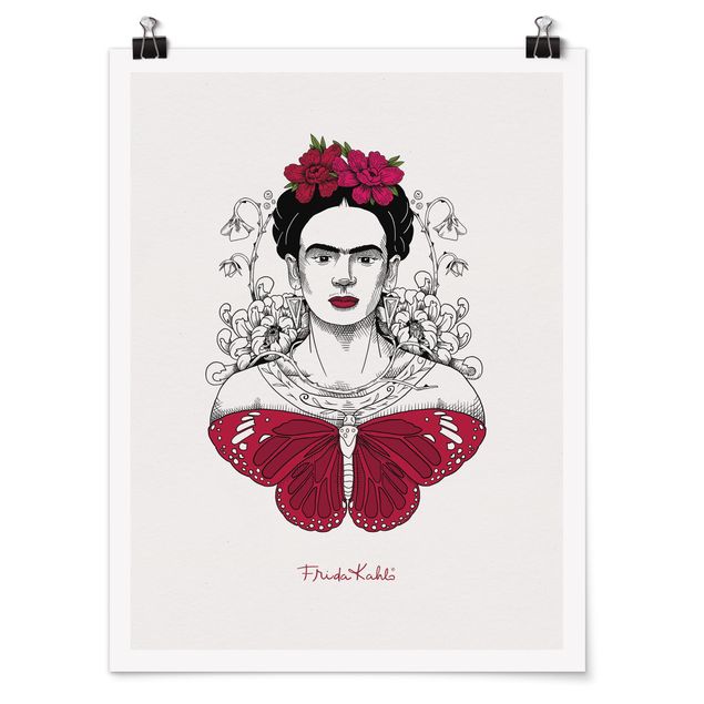 Posters djur Frida Kahlo Portrait With Flowers And Butterflies