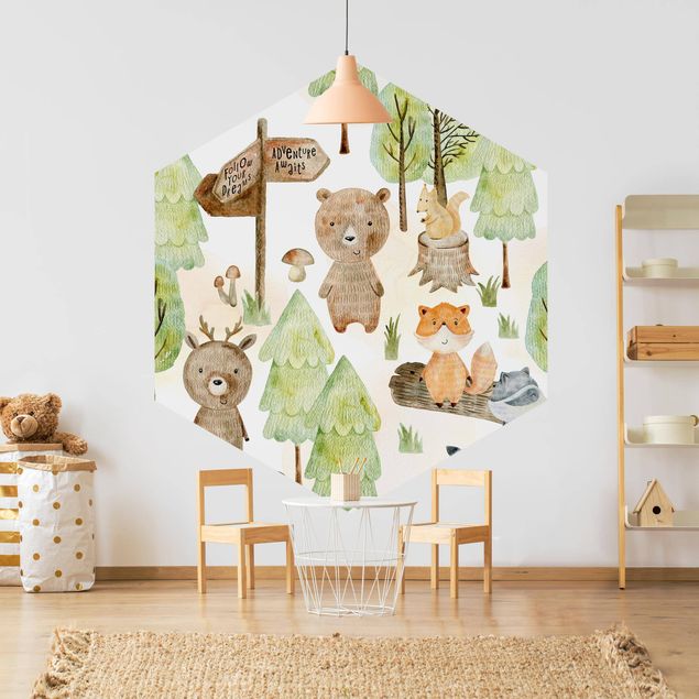 Hexagonala tapeter Fox And Bear With Trees