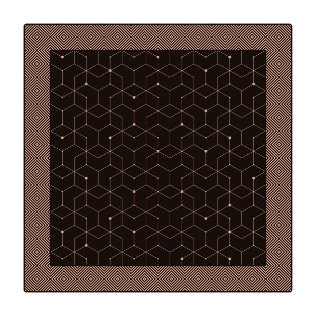 Kork-Teppich - Geometrische Fliesen Punktlinien Schwarz mit Bordüre - Quadrat 1:1
