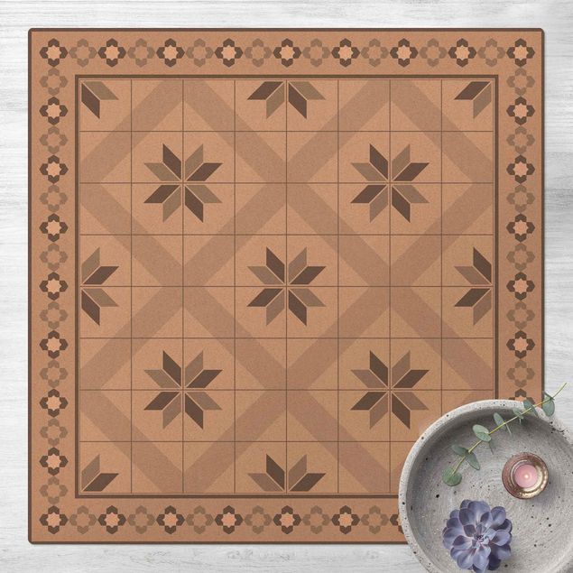 Mattor kakeloptik Geometrical Tiles Rhombal Flower Grey With Border