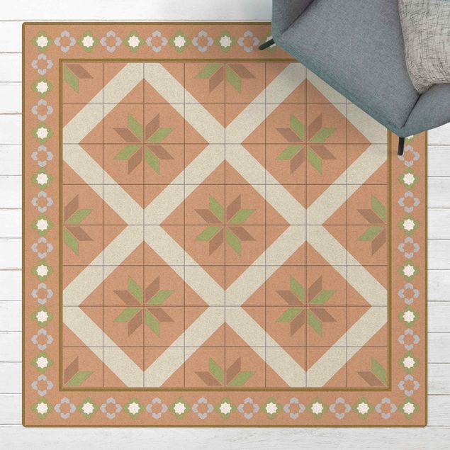 mattor kakeloptik Geometrical Tiles Rhombal Flower Olive Green With Border