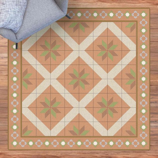 Kök dekoration Geometrical Tiles Rhombal Flower Olive Green With Border