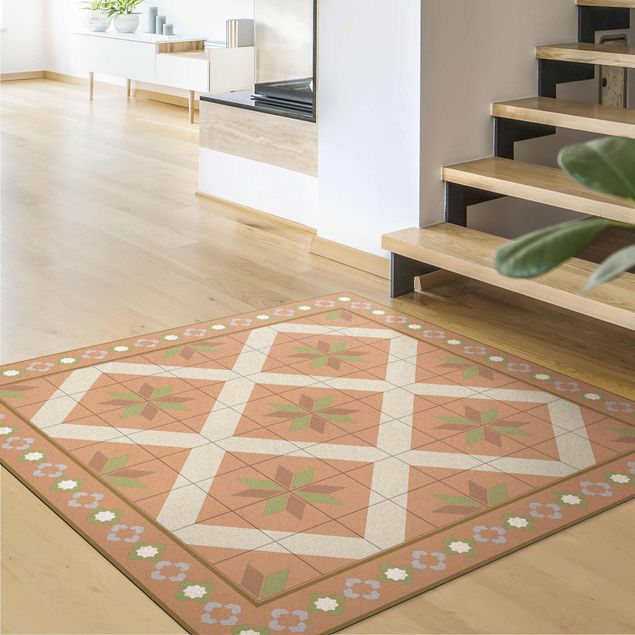 moderna mattor Geometrical Tiles Rhombal Flower Olive Green With Border
