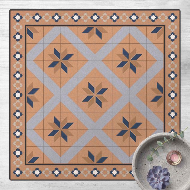 Mattor kakeloptik Geometrical Tiles Rhombal Flower Pigeon Blue With Border