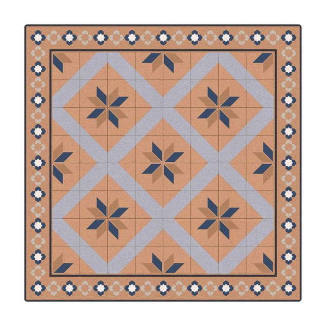 stora mattor Geometrical Tiles Rhombal Flower Pigeon Blue With Border