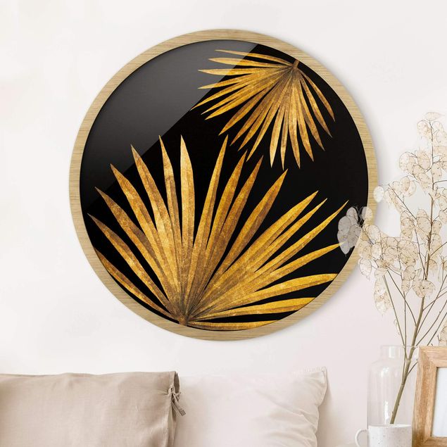 Tavlor med ram blommor  Gold - Palm Leaf On Black