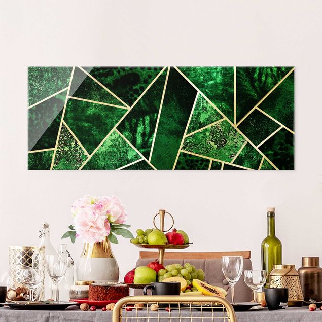 Glastavlor abstrakt Golden Geometry - Dark Emerald