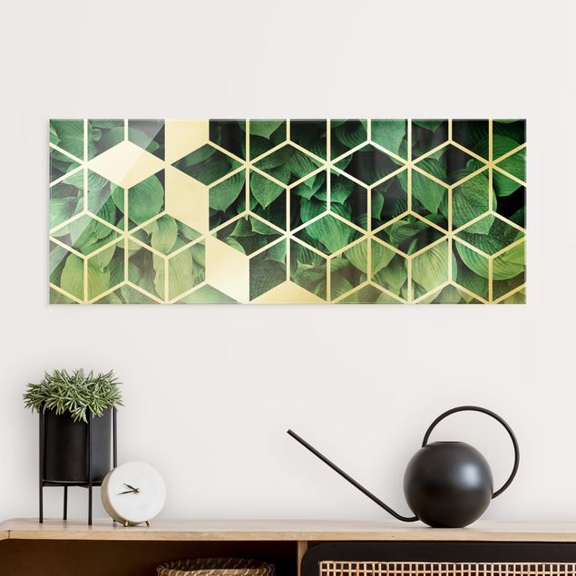 Glastavlor abstrakt Golden Geometry - Green Leaves