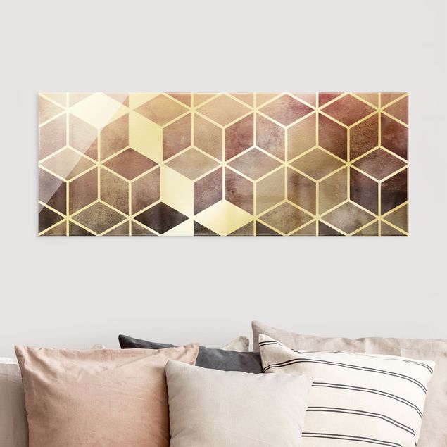 Glastavlor abstrakt Golden Geometry - Pink Gray