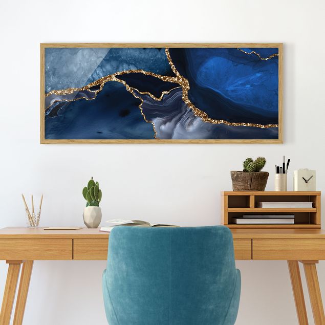 Tavlor med ram konstutskrifter Golden Glitter Waves Blue backdrop