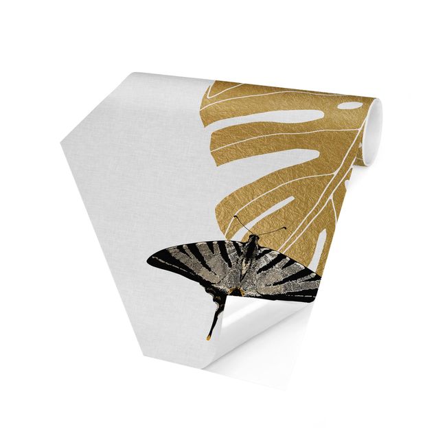 Hexagonala tapeter Golden Monstera With Butterfly