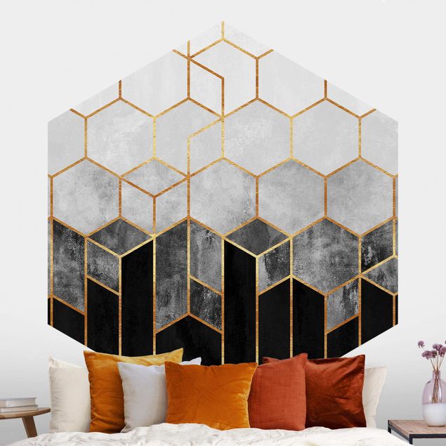 Tapeter geometrisk Golden Hexagons Black And White