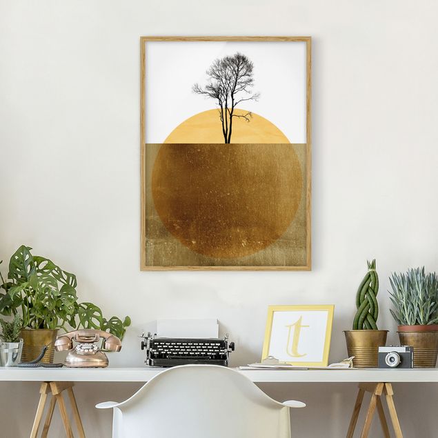 Tavlor med ram landskap Golden Sun With Tree