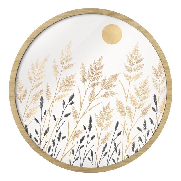 Tavlor svart Grasses And Moon In Gold And Black