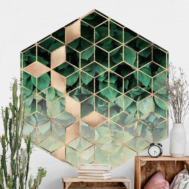 Tapeter geometrisk Green Leaves Golden Geometry