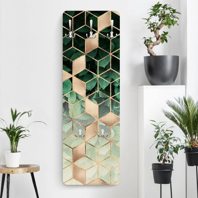 Klädhängare vägg mönster Green Leaves Golden Geometry