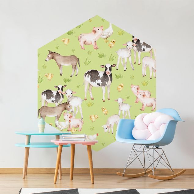 Hexagonala tapeter Green Meadow With Cows And Chickens