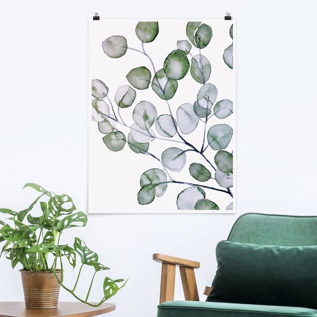 Posters blommor  Green Watercolour Eucalyptus Branch