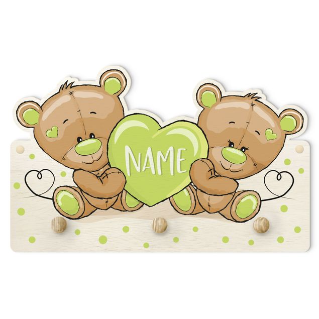 Klädhängare vägg grön Heart Bears With Customised Name Green