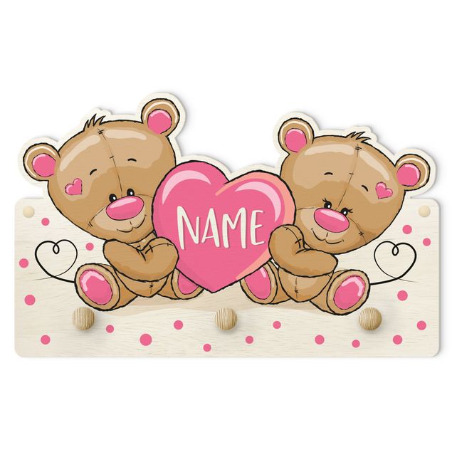 Klädhängare vägg rosa Heart Bears With Customised Name Pink