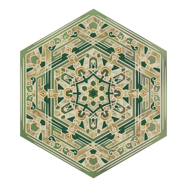Tapeter Hexagonal Mandala In Green With Gold