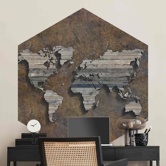 Tapeter industriell Wooden Grid World Map
