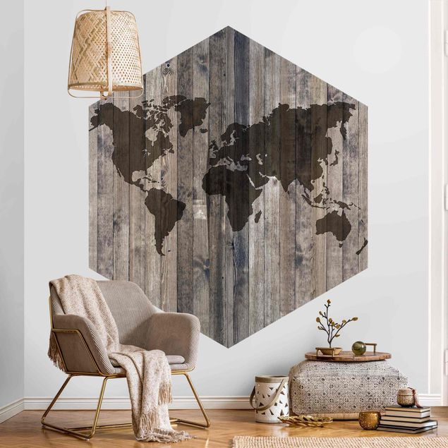 Hexagonala tapeter Wooden World Map