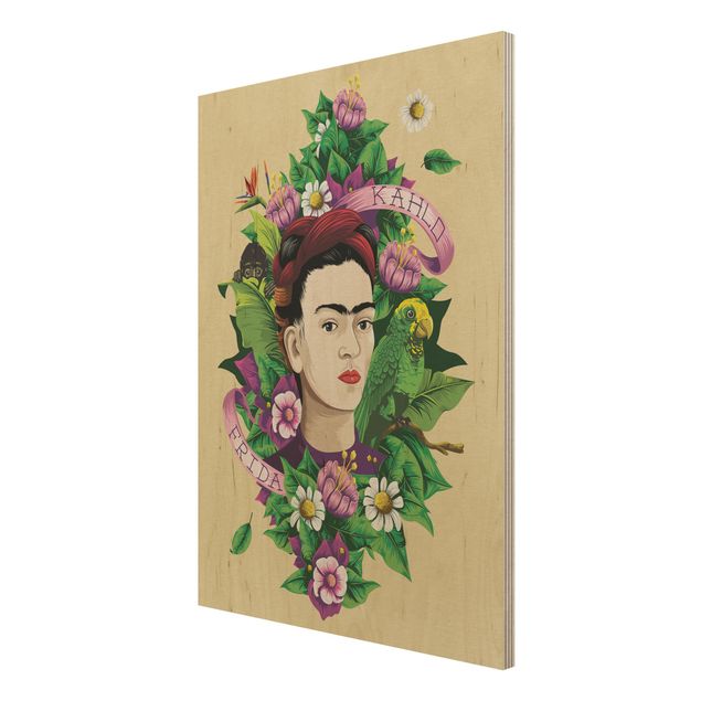 Trätavlor blommor  Frida Kahlo - Frida, Monkey And Parrot