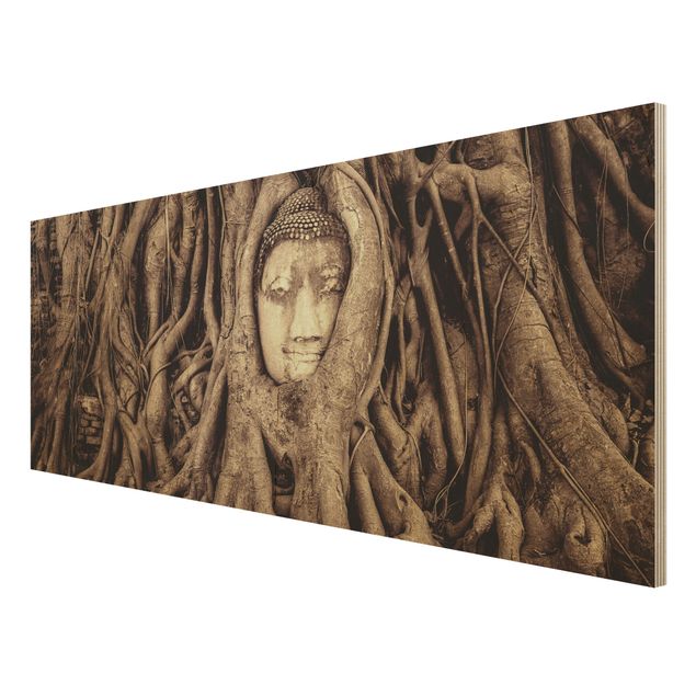 Trätavlor landskap Buddha In Ayutthaya Lined From Tree Roots In Brown