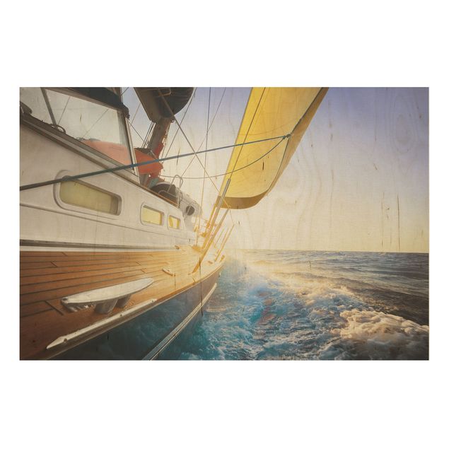 Trätavlor landskap Sailboat On Blue Ocean In Sunshine