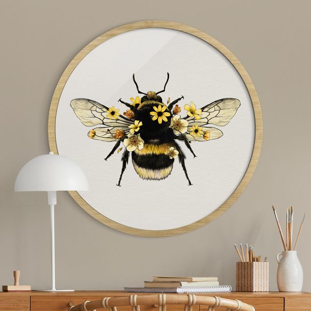 Tavlor runt Illustration Floral Bumblebee