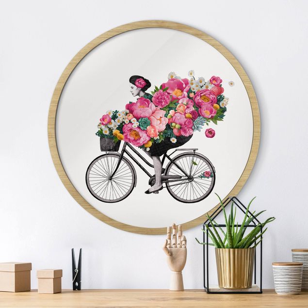 Tavlor med ram blommor  Illustration Woman On Bicycle Collage Colourful Flowers