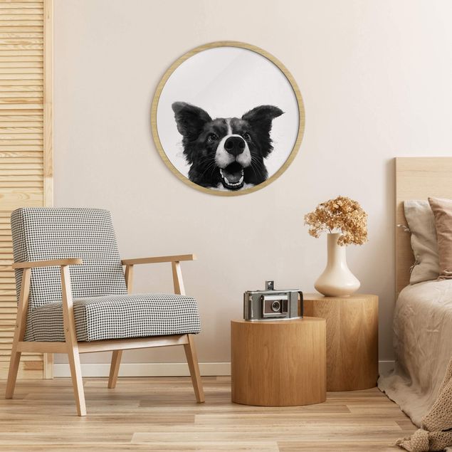 Tavlor med ram djur Illustration Dog Border Collie Black And White Painting
