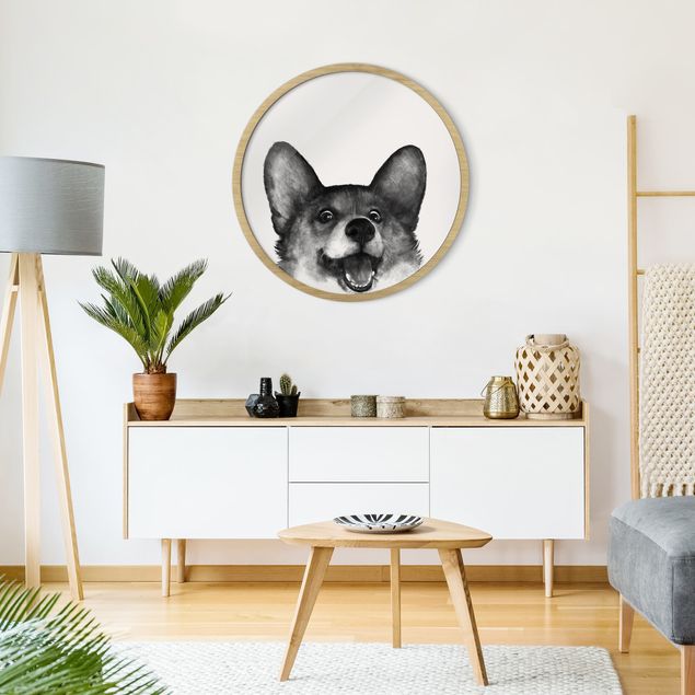 Runde Bilder mit Rahmen Illustration Dog Corgi Black And White Painting