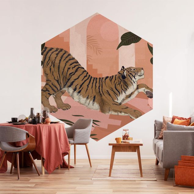 Tapeter modernt Illustration Tiger In Pastel Pink Painting