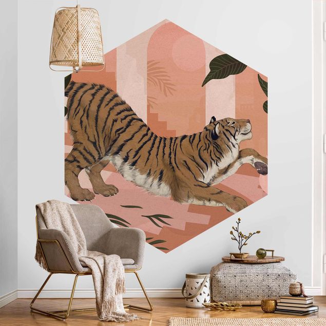 Hexagonala tapeter Illustration Tiger In Pastel Pink Painting