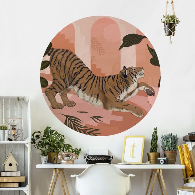 Fototapeter tigrar Illustration Tiger In Pastel Pink Painting