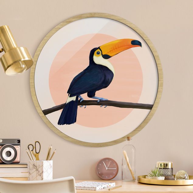 Runde gerahmte Bilder Illustration Bird Toucan Painting Pastel