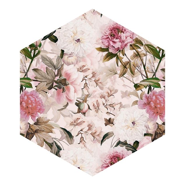 Hexagonala tapeter Illustrated Peonies In Light Pink
