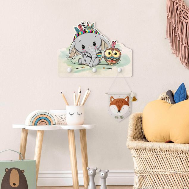 Klädhängare vägg färgglada Tribal Elephant With Owl